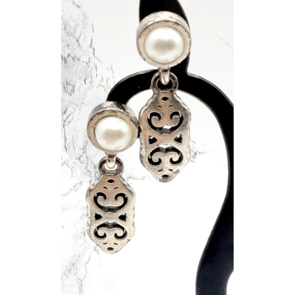 Vintage Faux Pearl Filigree Drop Earrings Silver Tone Pierced 1.25 Inch‎